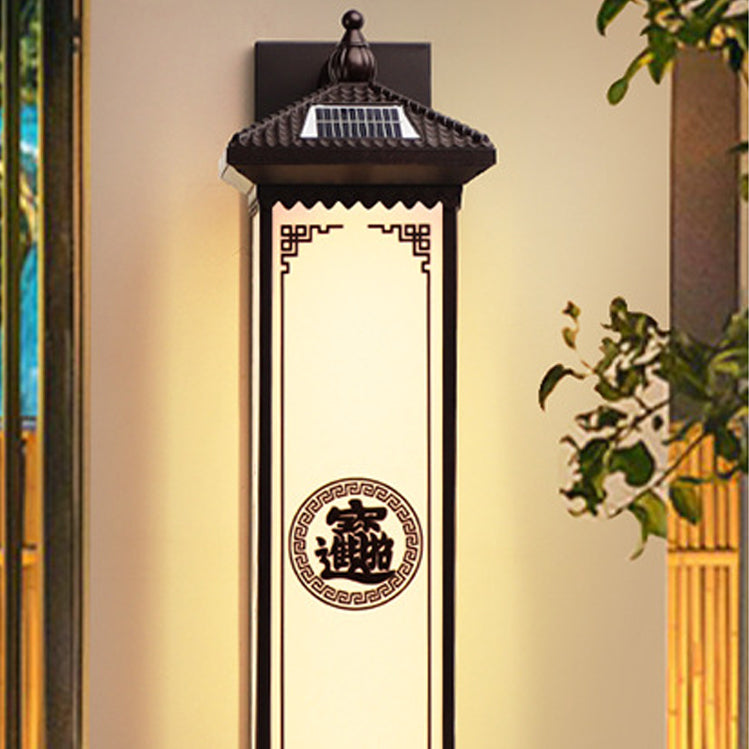 Traditionelle chinesische Solar wasserdichte ABS Aluminium Glas rechteckige Glücks-Reichtum-Muster LED Wandleuchte Lampe für Außenpatio | Karnz