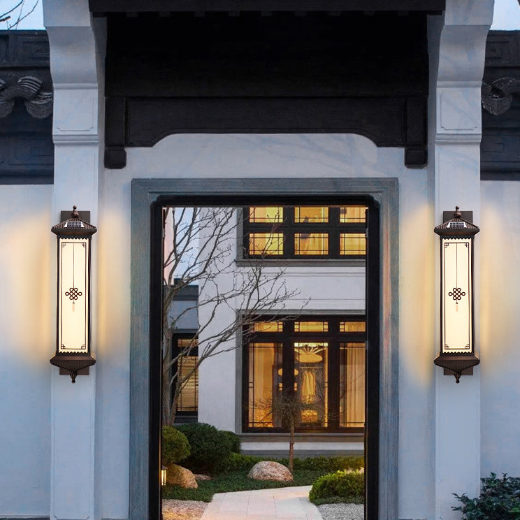 Traditionelle chinesische Solar wasserdichte ABS Aluminium Glas rechteckige Glücks-Reichtum-Muster LED Wandleuchte Lampe für Außenpatio | Karnz