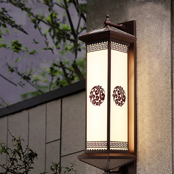Traditionelle chinesische Solar wasserdichte ABS Aluminium Glas rechteckige Glücks-Reichtum-Muster LED Wandleuchte Lampe für Außenpatio | Karnz