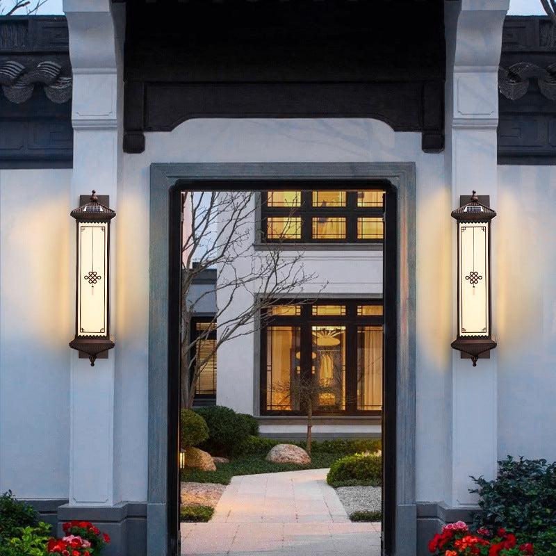 Traditionelle chinesische Solar wasserdichte ABS Aluminium Glas rechteckige Glücks-Reichtum-Muster LED Wandleuchte Lampe für Außenpatio | Karnz