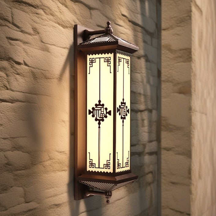Traditionelle chinesische Solar wasserdichte ABS Aluminium Glas rechteckige Glücks-Reichtum-Muster LED Wandleuchte Lampe für Außenpatio | Karnz