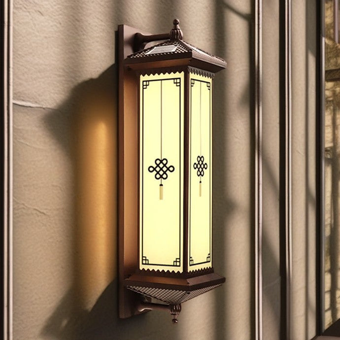 Traditionelle chinesische Solar wasserdichte ABS Aluminium Glas rechteckige Glücks-Reichtum-Muster LED Wandleuchte Lampe für Außenpatio | Karnz