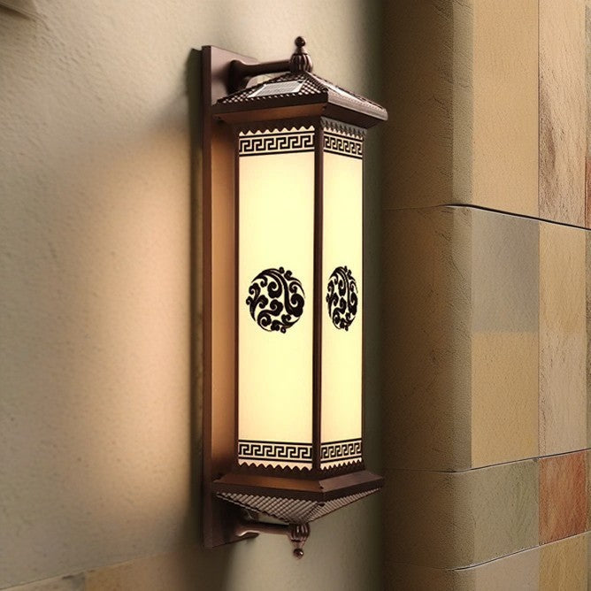 Traditionelle chinesische Solar wasserdichte ABS Aluminium Glas rechteckige Glücks-Reichtum-Muster LED Wandleuchte Lampe für Außenpatio | Karnz