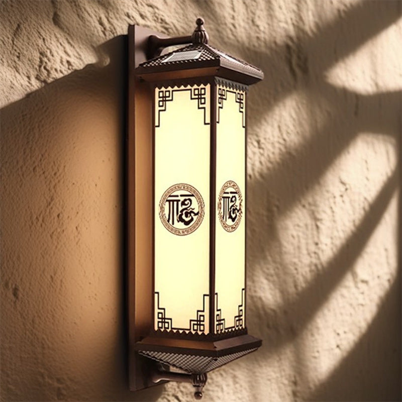 Traditionelle chinesische Solar wasserdichte ABS Aluminium Glas rechteckige Glücks-Reichtum-Muster LED Wandleuchte Lampe für Außenpatio | Karnz