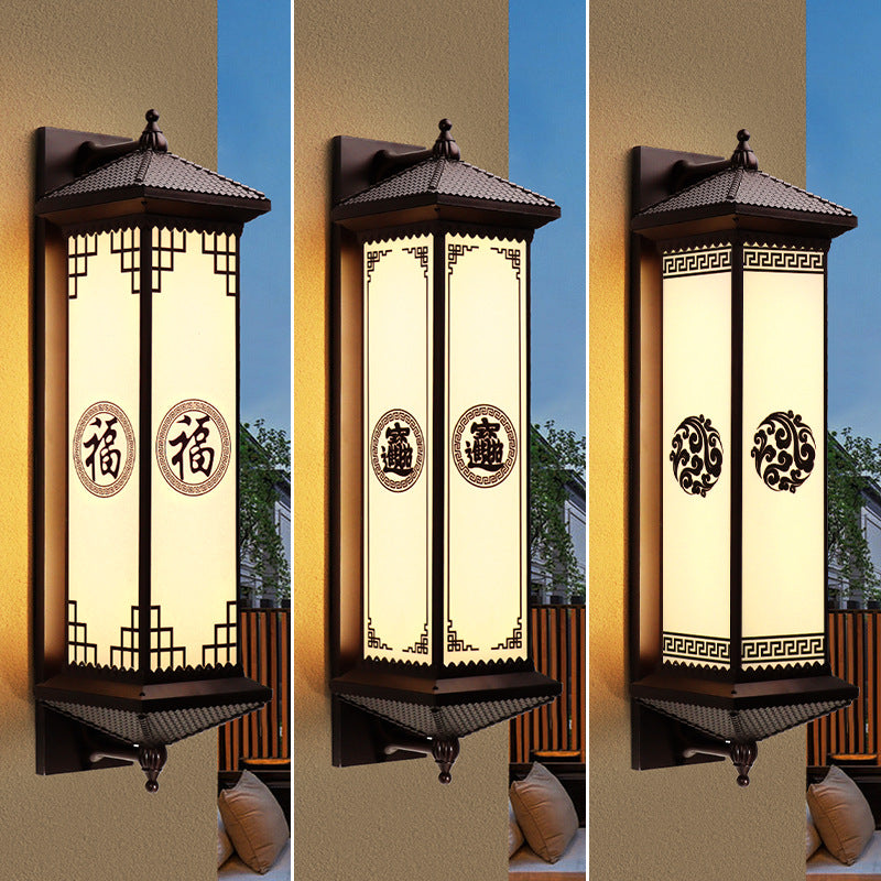 Traditionelle chinesische Solar wasserdichte ABS Aluminium Glas rechteckige Glücks-Reichtum-Muster LED Wandleuchte Lampe für Außenpatio | Karnz