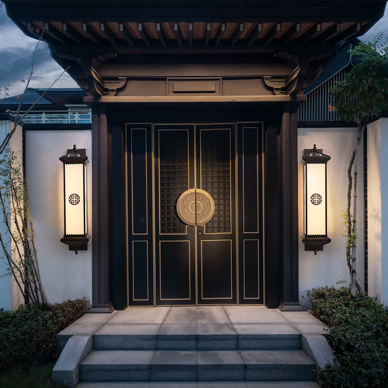 Traditionelle chinesische Solar wasserdichte ABS Aluminium Glas rechteckige Glücks-Reichtum-Muster LED Wandleuchte Lampe für Außenpatio | Karnz