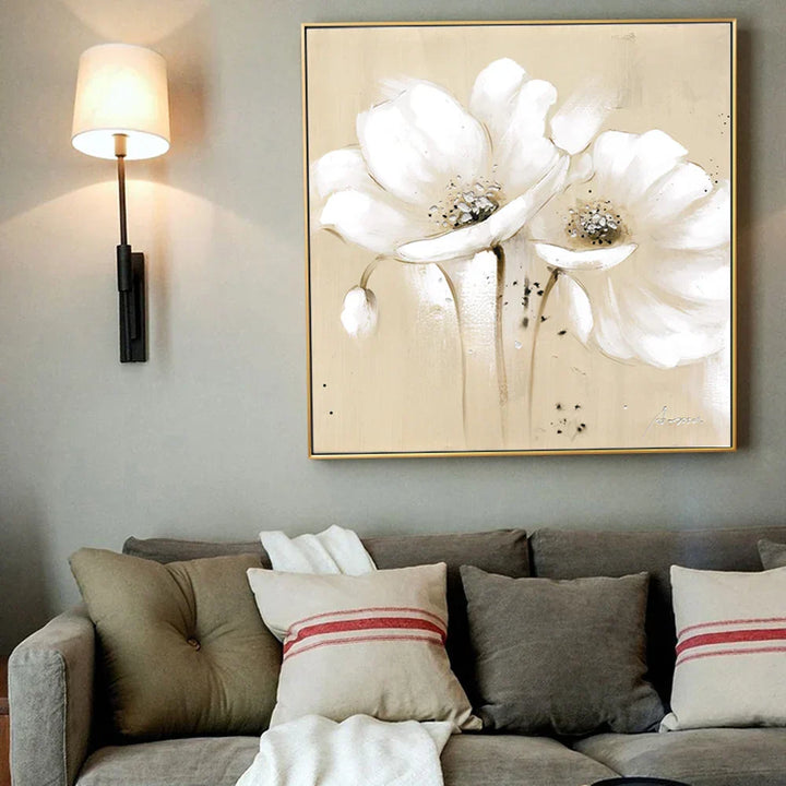 Beige Weiße Blüten Wandkunst Fine Art Leinwanddrucke Moderne Botanische Quadratische Format Florale Bilder Für Wohnzimmer Schlafzimmer Dekor