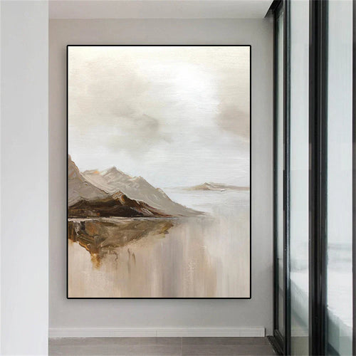 Große Größen Bergsee Landschaft Wandkunst feine Kunst Leinwanddrucke Braun Beige Grau Neutrale Farbe Texturierte abstrakte Bilder für Wohnzimmer Eingangsbereich Foyer Kunst Dekor