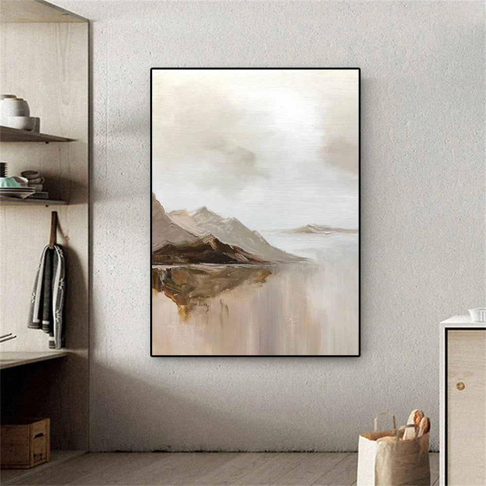Große Größen Bergsee Landschaft Wandkunst Feine Art Drucke auf Leinwand Braun Beige Grau Neutrale Farbe Texturierte Abstrakte Bilder Für Wohnzimmer Eingangsbereich Foyer Kunst Dekor | Karnz