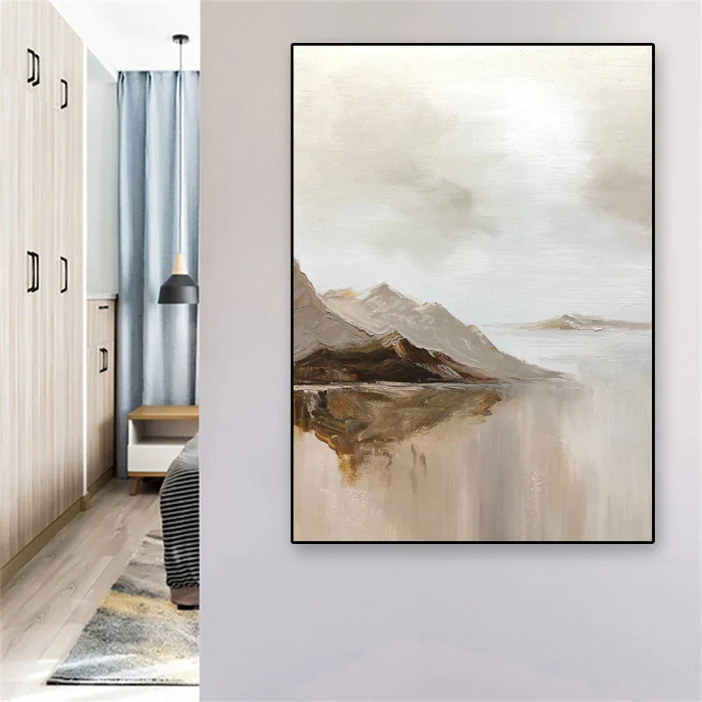 Große Größen Bergsee Landschaft Wandkunst Feine Art Drucke auf Leinwand Braun Beige Grau Neutrale Farbe Texturierte Abstrakte Bilder Für Wohnzimmer Eingangsbereich Foyer Kunst Dekor | Karnz