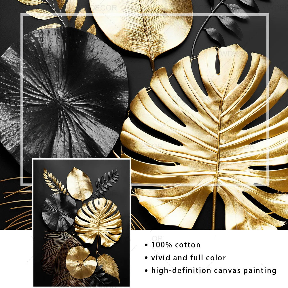Schwarze Goldene Tropische Blätter Wandkunst Feine Kunst Leinwanddrucke Moderne Botanische Bilder Für Luxuriöses Wohnzimmer Esszimmer Home Office Dekor | Karnz