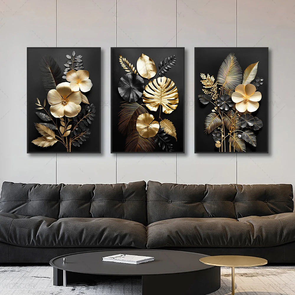 Schwarze Goldene Tropische Blätter Wandkunst Feine Kunst Leinwanddrucke Moderne Botanische Bilder Für Luxuriöses Wohnzimmer Esszimmer Home Office Dekor | Karnz