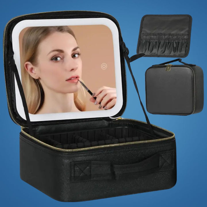 GlamOrganize | Make-up- und Toilettentasche - Kosmetik-Organizer - LED-Spiegel - Kompakte Aufbewahrung für Make-up und Hautpflege - Praktische Reiseschale