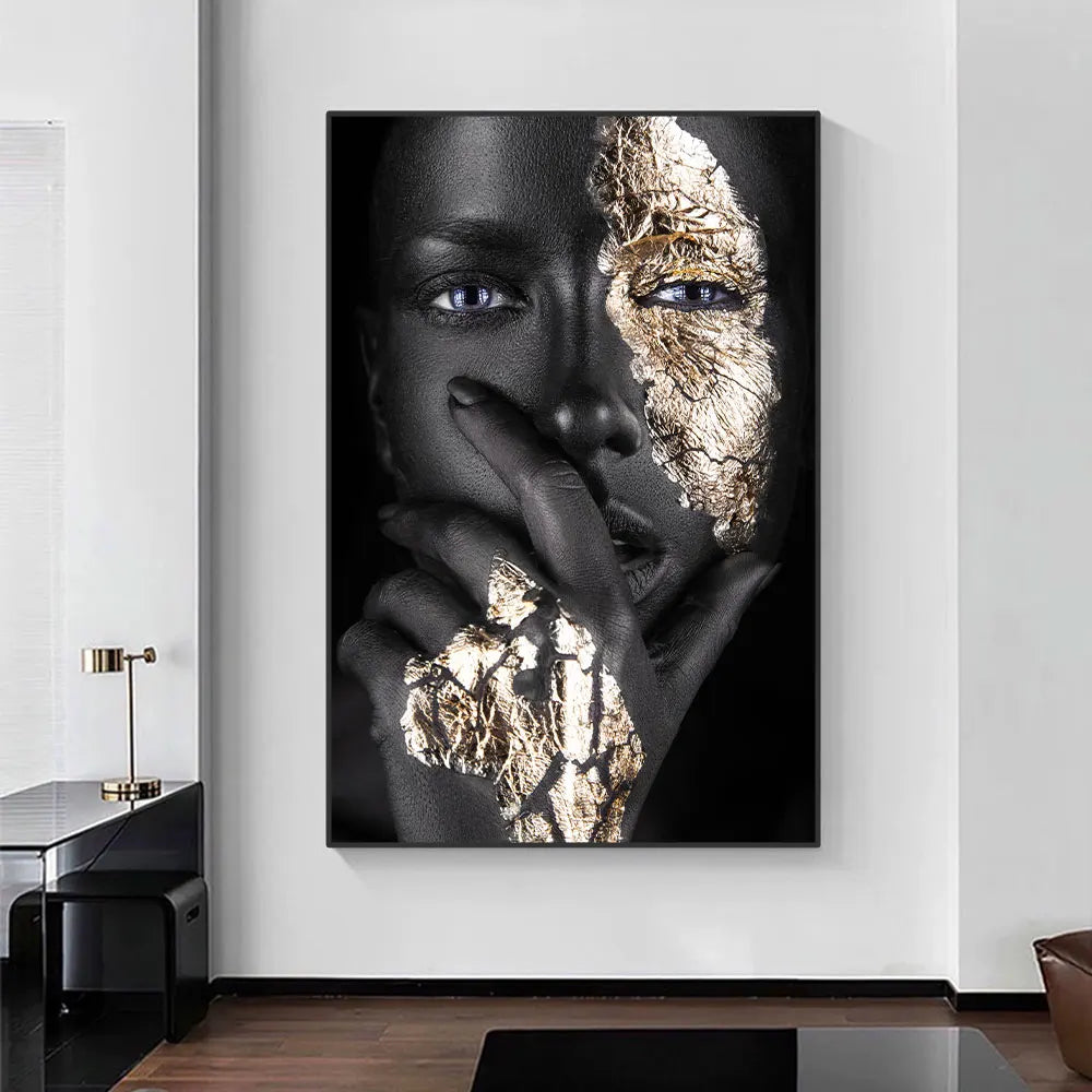 Schwarze Goldene Afrikanische Frau Poster Wandkunst Fine Art Leinwand Druck Porträt Bild Für Modernes Apartment Wohnzimmer Inneneinrichtung