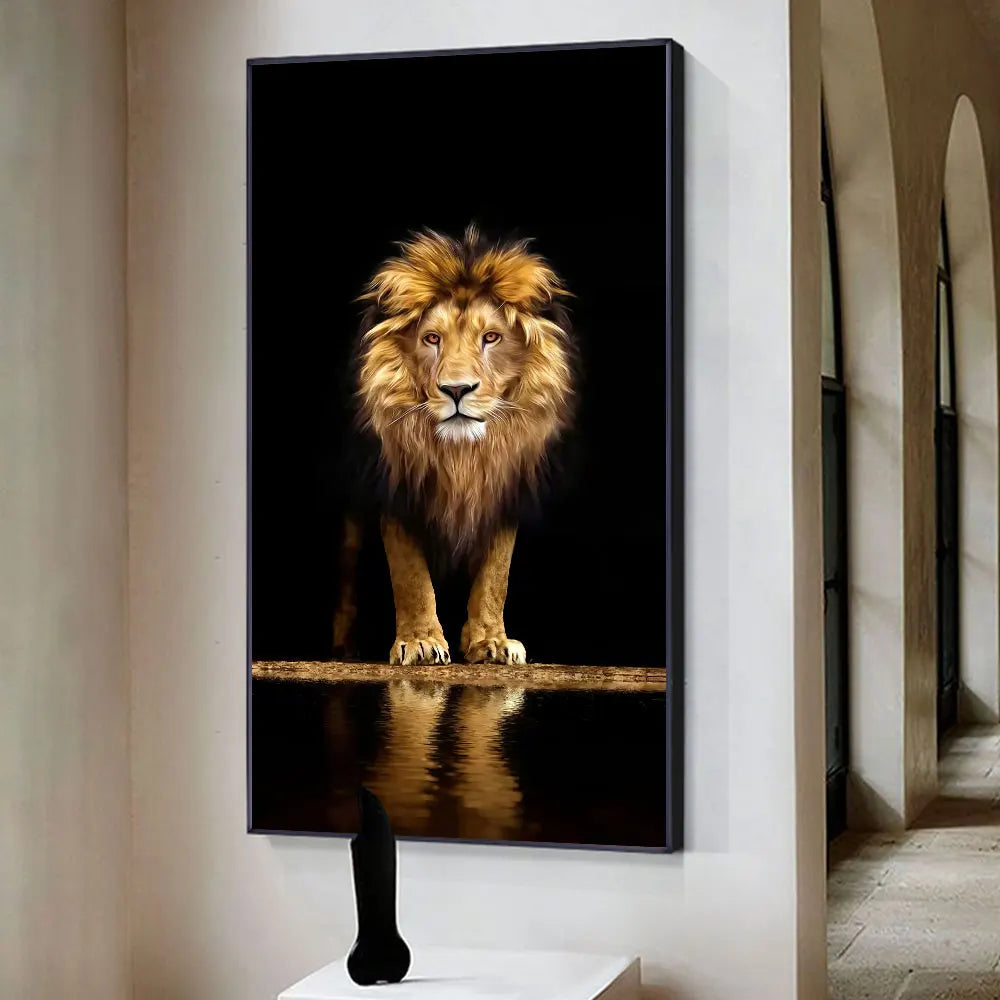 Schwarzer Goldener Löwe Poster Wandkunst Feine Kunst Leinwanddruck Bild für Eingang Flur Wohnzimmer Licht Luxus Wohnkultur