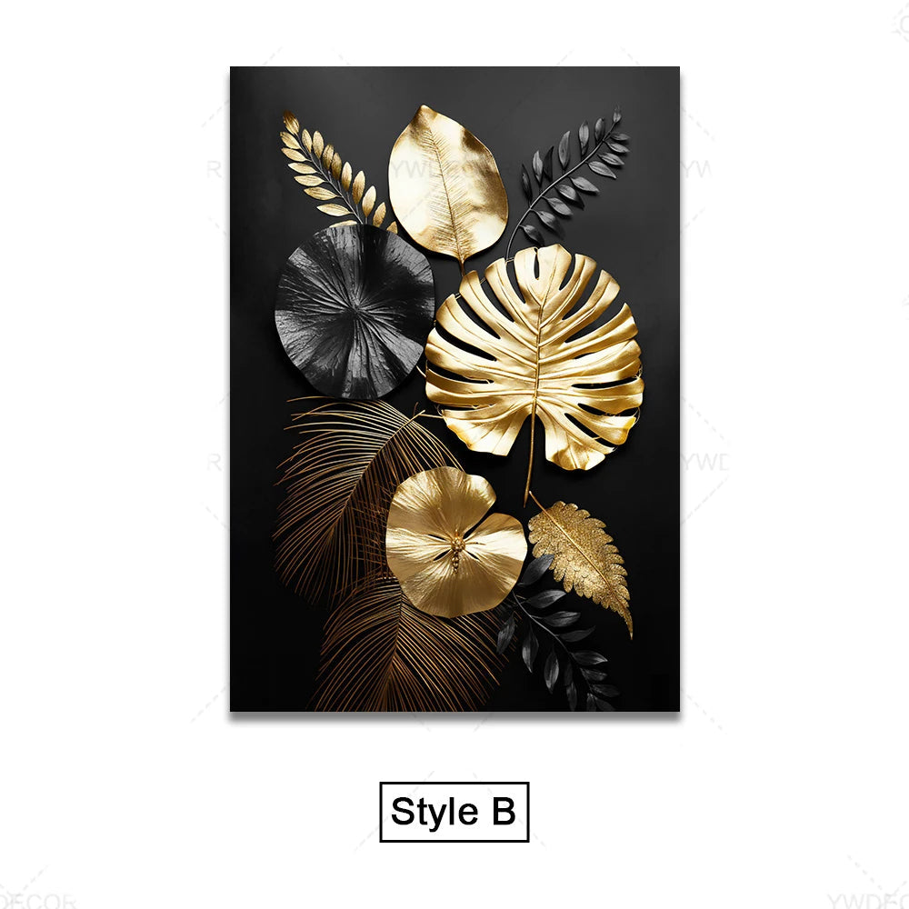 Schwarze Goldene Tropische Blätter Wandkunst Feine Kunst Leinwanddrucke Moderne Botanische Bilder Für Luxuriöses Wohnzimmer Esszimmer Home Office Dekor | Karnz