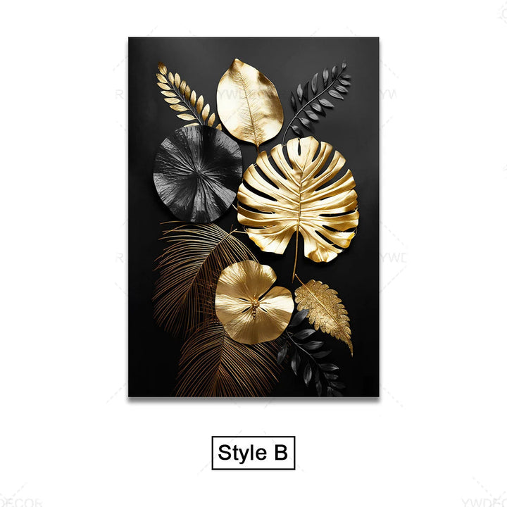 Schwarze Goldene Tropische Blätter Wandkunst Feine Kunst Leinwanddrucke Moderne Botanische Bilder Für Luxuriöses Wohnzimmer Esszimmer Home Office Dekor | Karnz