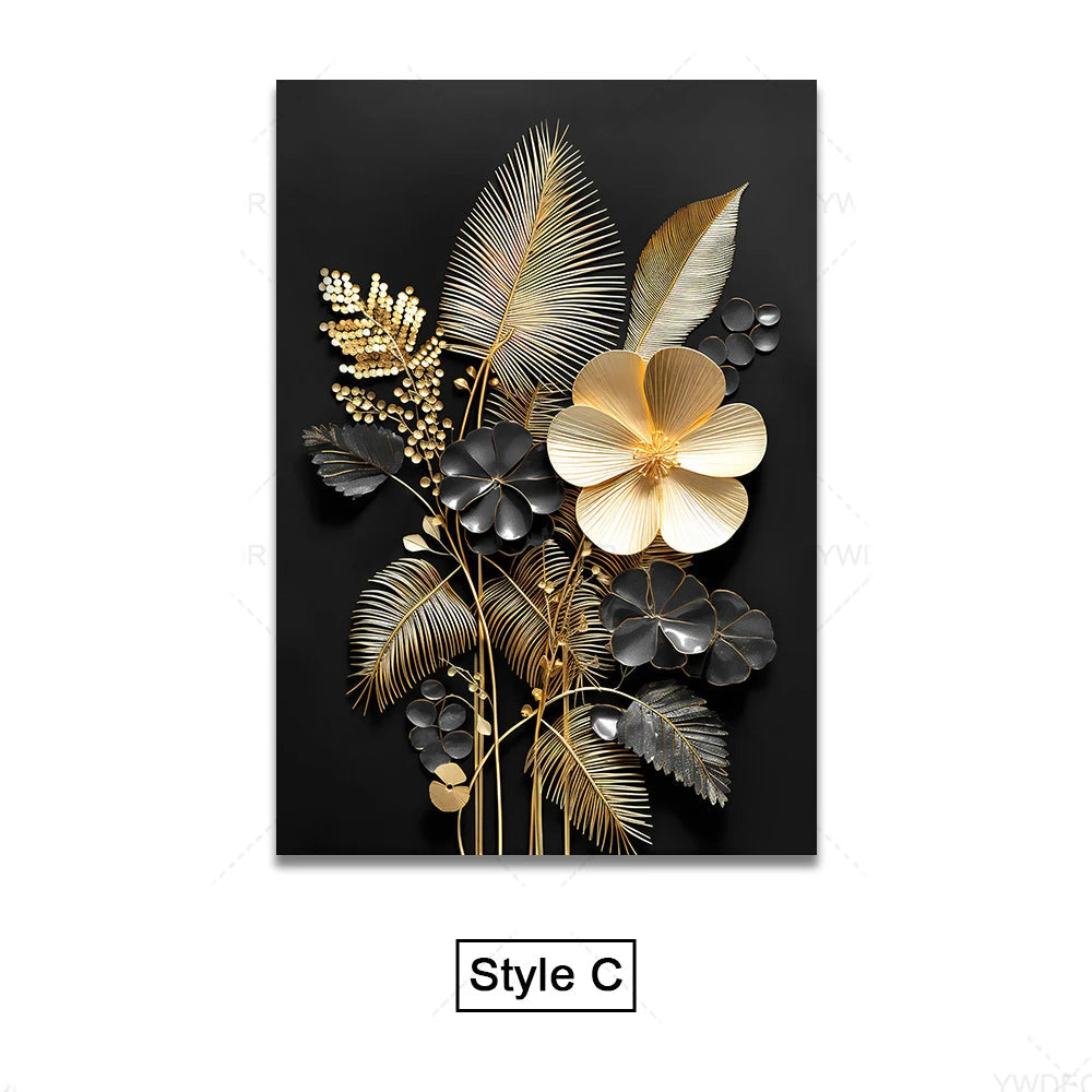 Schwarze Goldene Tropische Blätter Wandkunst Feine Kunst Leinwanddrucke Moderne Botanische Bilder Für Luxuriöses Wohnzimmer Esszimmer Home Office Dekor | Karnz