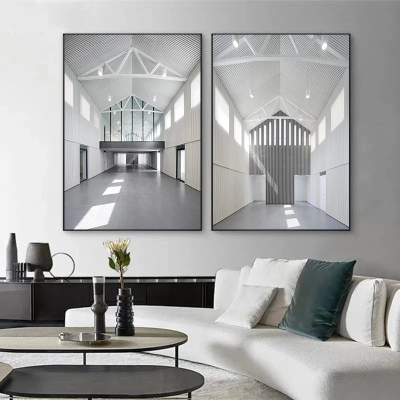 Schwarz Weiß Architektonische Innenräume Wandkunst Fine Art Leinwanddrucke Druckbilder für modernes Loft Wohnzimmer Büro Dekor | Karnz
