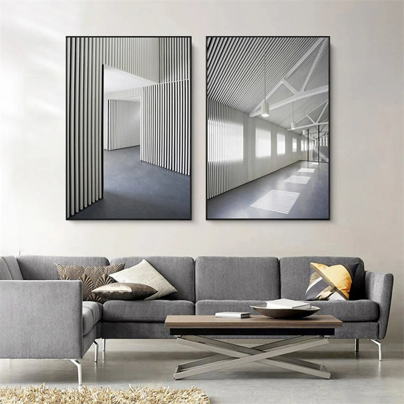 Schwarz Weiß Architektonische Innenräume Wandkunst Fine Art Leinwanddrucke Druckbilder für modernes Loft Wohnzimmer Büro Dekor | Karnz