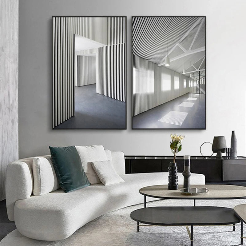 Schwarz Weiß Architektonische Innenräume Wandkunst Fine Art Leinwanddrucke Druckbilder für modernes Loft Wohnzimmer Büro Dekor | Karnz