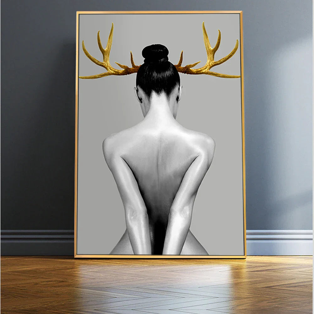Schwarz Weiß Gold Geweihte Mädchen Poster Wandkunst Fein Kunst Leinwand Drucke Nordisches Bild Für Wohnzimmer Schlafzimmer Studio Home Office Dekor