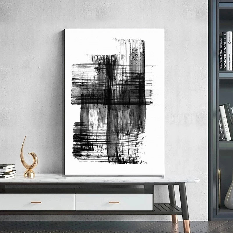 Schwarz Weiß Wandkunst Minimalistisch Abstract Tinte Pinsel Striche Fine Art Leinwanddrucke Poster Bilder Für Wohnzimmer Home Office Kunst Dekor | Karnz