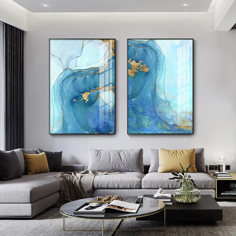 Blaue Aqua Azur Marmor Druck Wandkunst Feine Kunst Leinwanddrucke Abstrakte Bilder für modernes Wohnzimmer Hotelzimmer Heimbüro Dekor | Karnz