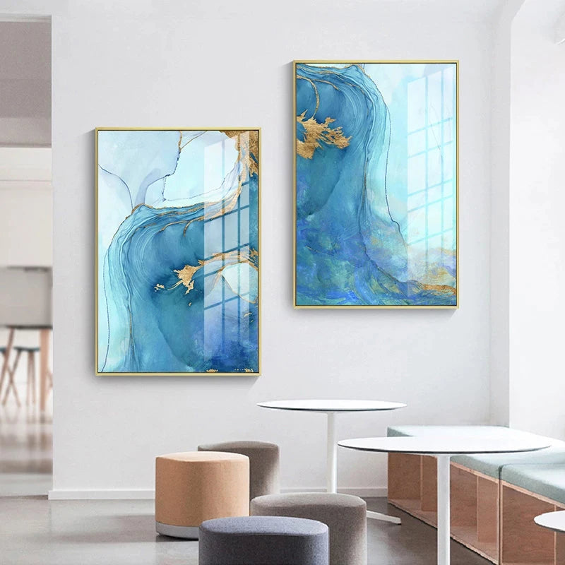 Blaue Aqua Azur Marmor Druck Wandkunst Feine Kunst Leinwanddrucke Abstrakte Bilder für modernes Wohnzimmer Hotelzimmer Heimbüro Dekor | Karnz