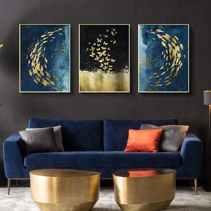 Blaue Goldene Vögel und Schmetterlinge Wandkunst Fein Kunst Leinwanddrucke Glücksbringende Abstrakte Bilder Für Wohnzimmer Schlafzimmer Hotelzimmer Kunst Dekor
