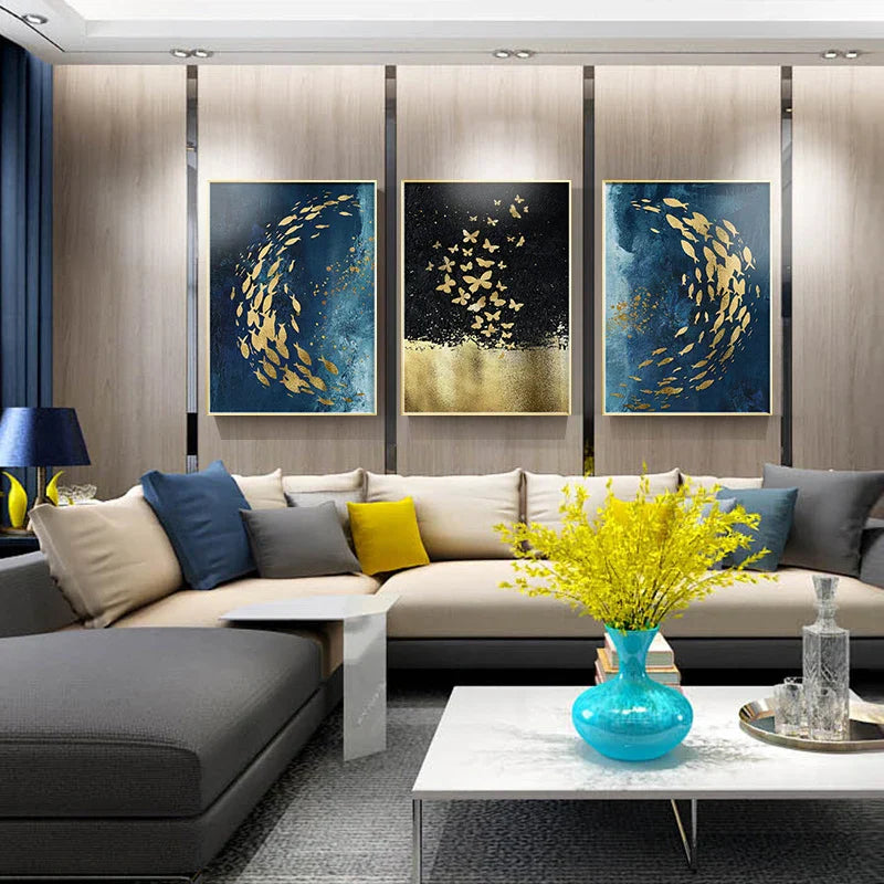 Blaue Goldene Vögel und Schmetterlinge Wandkunst Fein Kunst Leinwanddrucke Glücksbringende Abstrakte Bilder Für Wohnzimmer Schlafzimmer Hotelzimmer Kunst Dekor