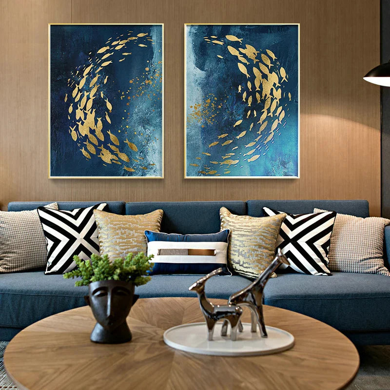 Blaue Goldene Vögel und Schmetterlinge Wandkunst Fein Kunst Leinwanddrucke Glücksbringende Abstrakte Bilder Für Wohnzimmer Schlafzimmer Hotelzimmer Kunst Dekor