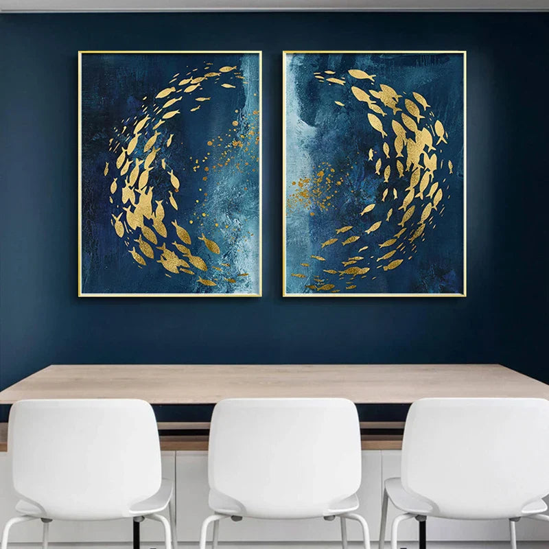 Blaue Goldene Vögel und Schmetterlinge Wandkunst Fein Kunst Leinwanddrucke Glücksbringende Abstrakte Bilder Für Wohnzimmer Schlafzimmer Hotelzimmer Kunst Dekor
