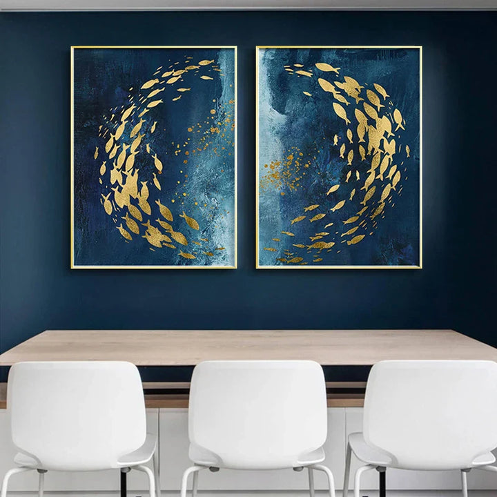Blaue Goldene Vögel und Schmetterlinge Wandkunst Fein Kunst Leinwanddrucke Glücksbringende Abstrakte Bilder Für Wohnzimmer Schlafzimmer Hotelzimmer Kunst Dekor