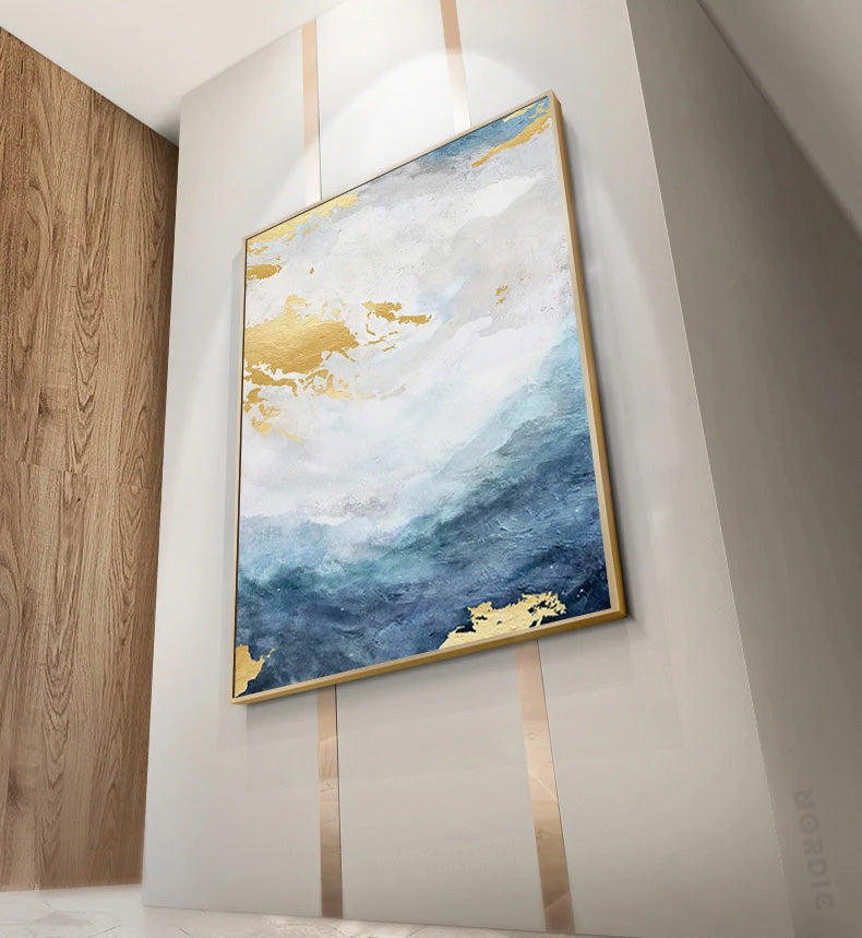 Blaue Goldene Ozeanspray Seestandsabstrakte Wandkunst Feine Kunst Leinwanddrucke Marmor Bilder Für Wohnzimmer Esszimmer Kunst Für zeitgenössische Innenräume
