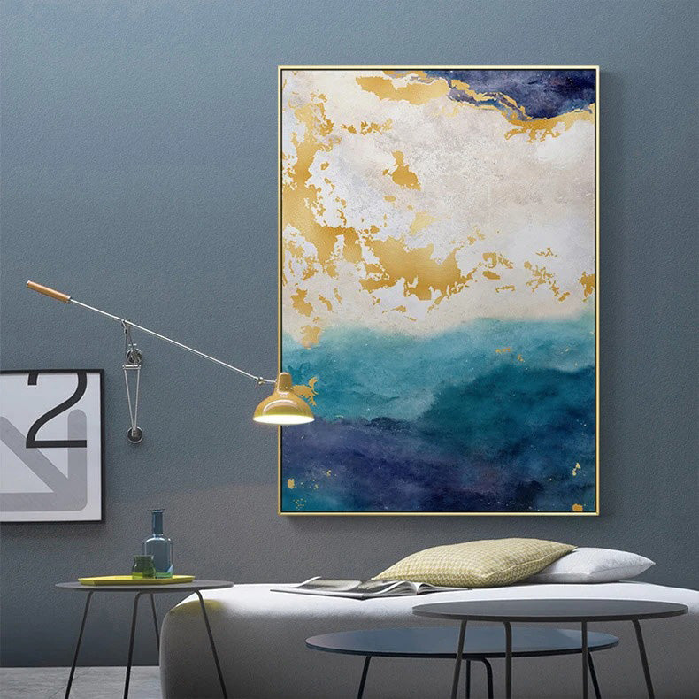 Blaue Goldene Ozeanspray Seestandsabstrakte Wandkunst Feine Kunst Leinwanddrucke Marmor Bilder Für Wohnzimmer Esszimmer Kunst Für zeitgenössische Innenräume