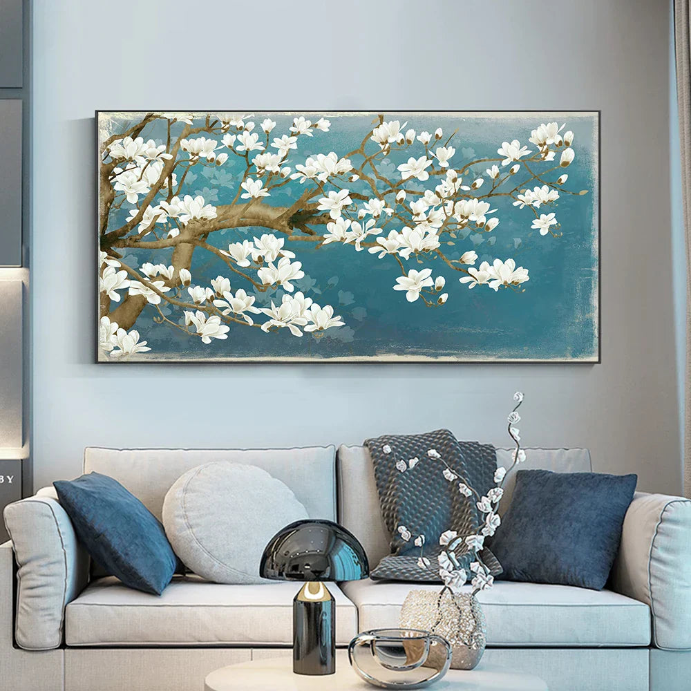 Blaues Jade Weißer Blumenbaum Wandkunst Feine Kunst Leinwanddrucke Moderne Botanische Florale Malerei Bild Für Wohnzimmer Schlafzimmer Kunst Dekor
