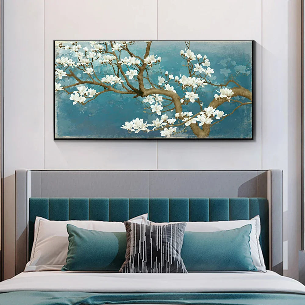 Blaues Jade Weißer Blumenbaum Wandkunst Feine Kunst Leinwanddrucke Moderne Botanische Florale Malerei Bild Für Wohnzimmer Schlafzimmer Kunst Dekor