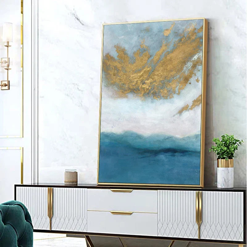 Blaue See Goldene Sand Wandkunst Fine Art Leinwanddrucke Nordische abstrakte Bilder für moderne Apartment Wohnzimmer Schlafzimmer Foyer Kunst Dekor