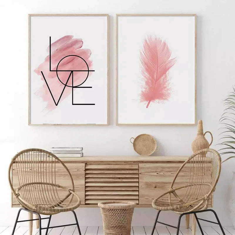 Blush Pink Love Feather Wandkunst Feine Kunst Leinwanddrucke Minimalistische Mode Bilder Für Wohnzimmer Mädchen Schlafzimmer Mode Kunst Dekor | Karnz