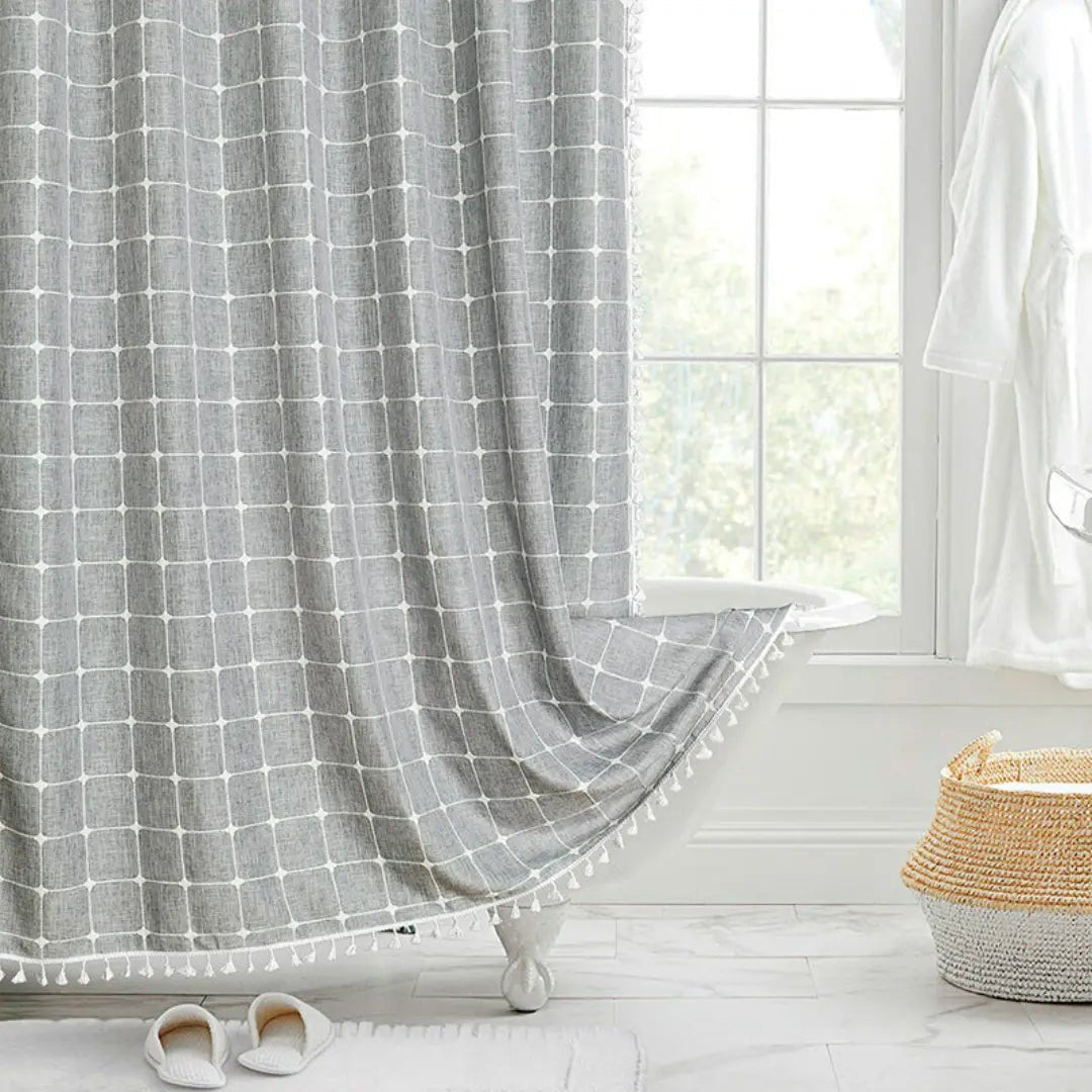 Duschvorhang aus Leinen im Boho-Stil mit Quasten und wasserdichtem Design