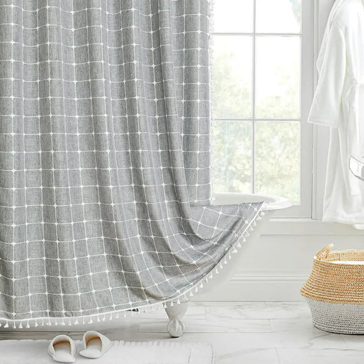Duschvorhang aus Leinen im Boho-Stil mit Quasten und wasserdichtem Design