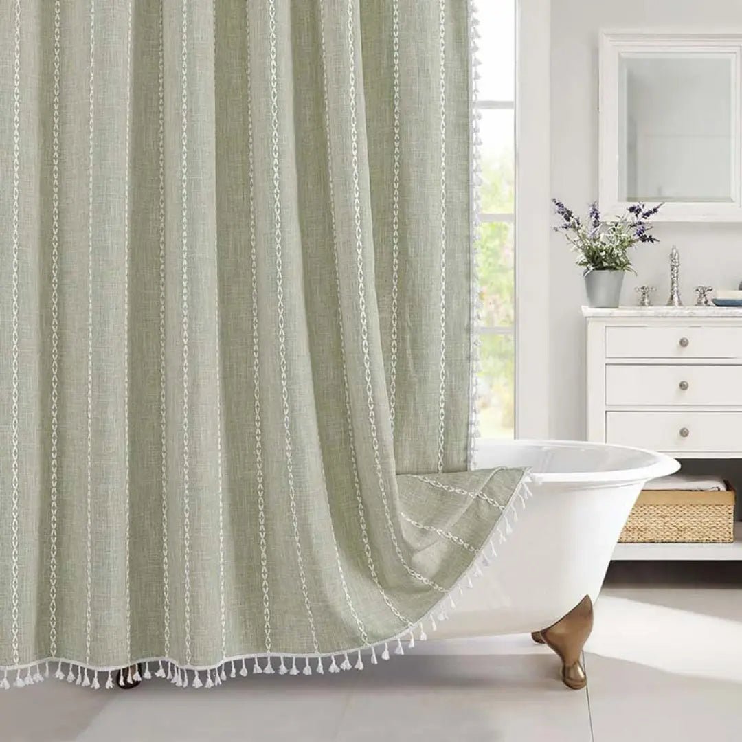 Duschvorhang aus Leinen im Boho-Stil mit Quasten und wasserdichtem Design