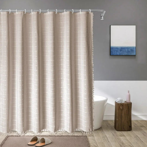 Duschvorhang aus Leinen im Boho-Stil mit Quasten und wasserdichtem Design