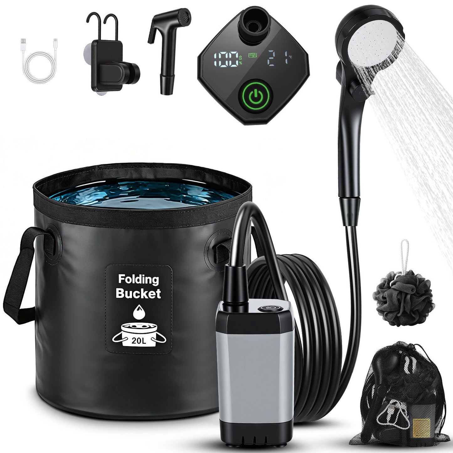 Tragbare Campingdusche Akku Outdoor Dusche mit 20L Falteimer | Karnz