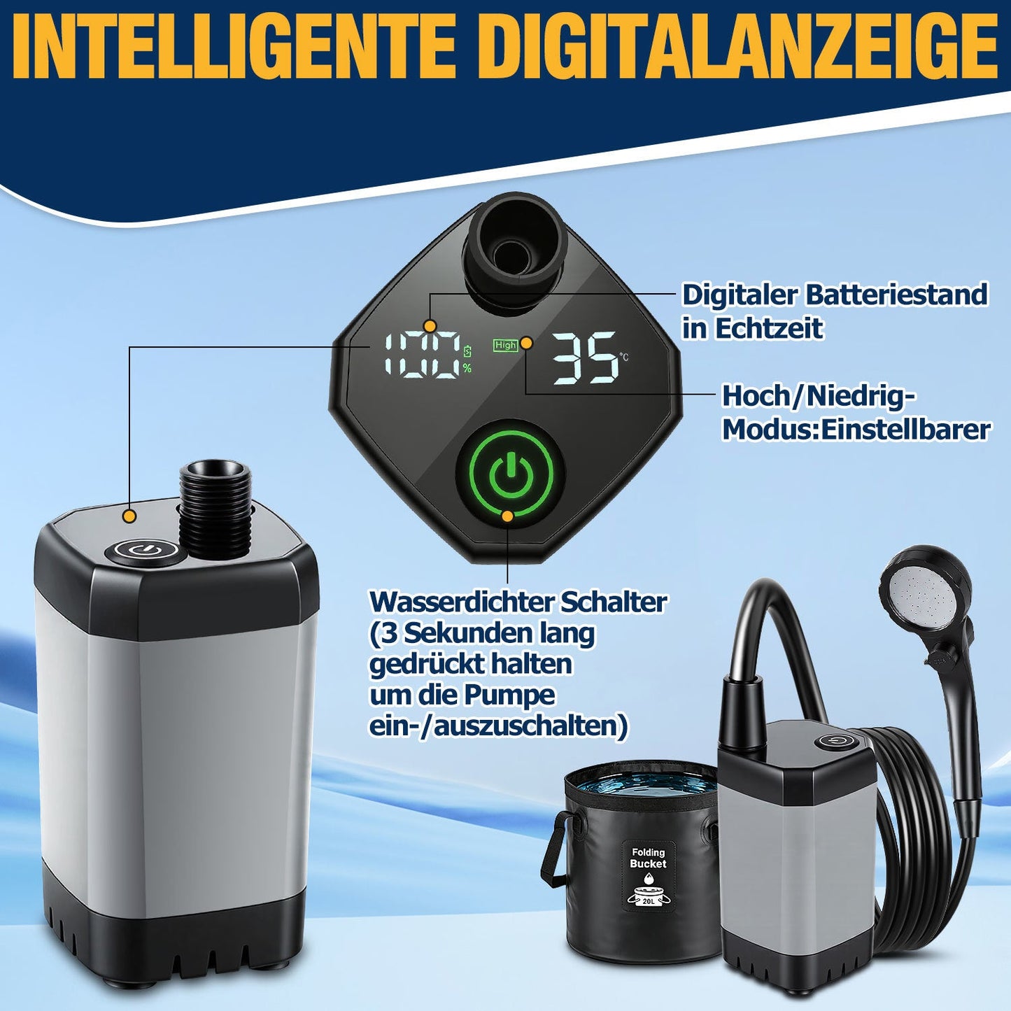 Tragbare Campingdusche Akku Outdoor Dusche mit 20L Falteimer | Karnz