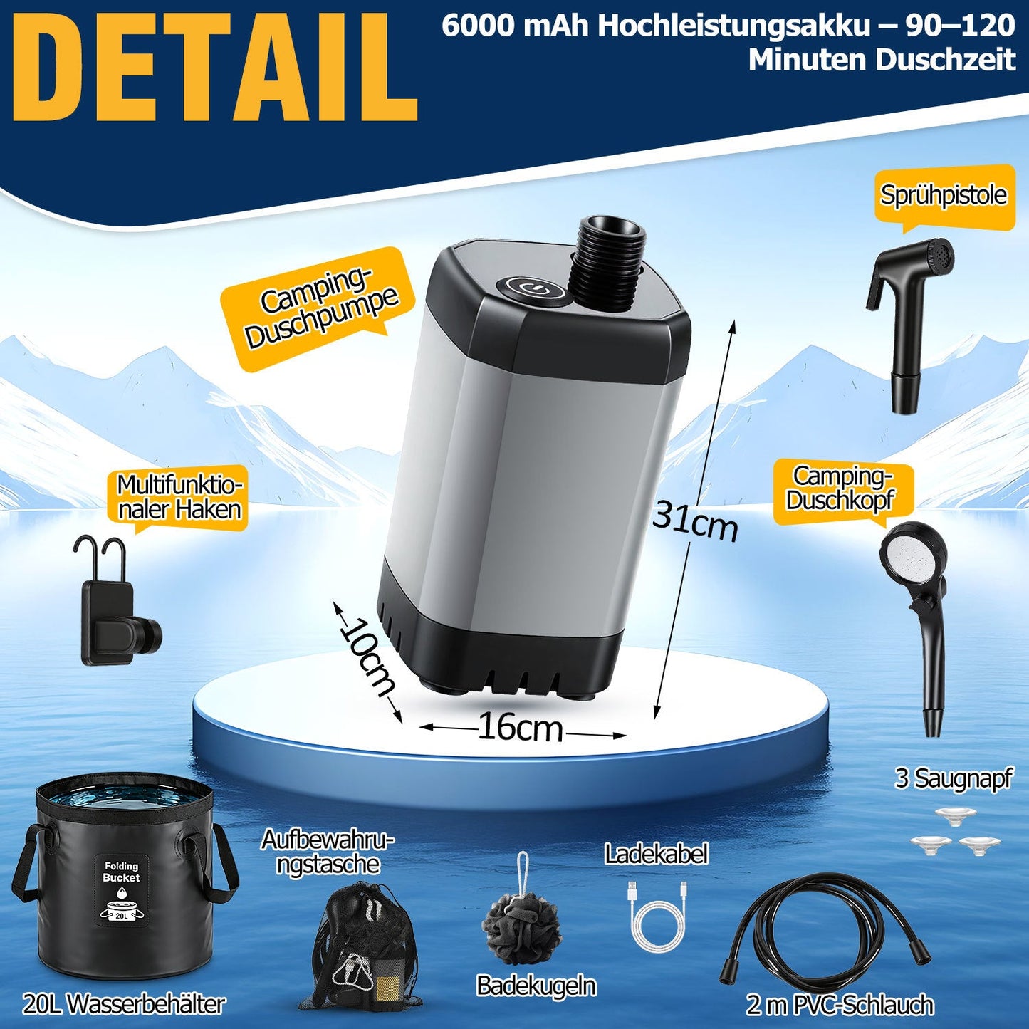 Tragbare Campingdusche Akku Outdoor Dusche mit 20L Falteimer | Karnz