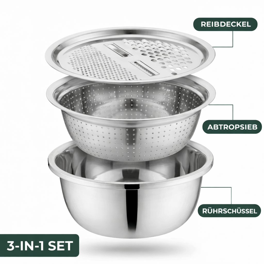 3-in-1 Rührschüssel-Set Edelstahl mit Reibe und Sieb | Karnz
