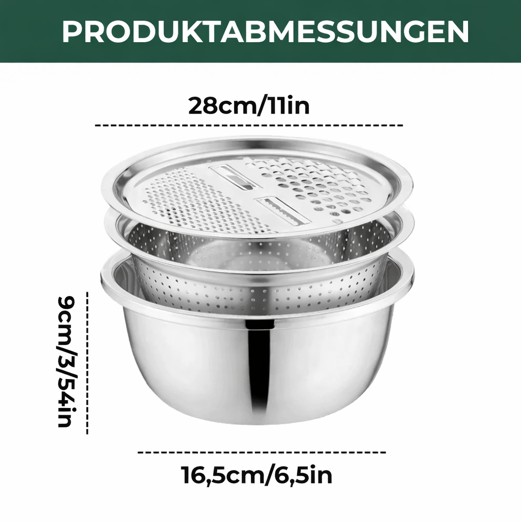 3-in-1 Rührschüssel-Set Edelstahl mit Reibe und Sieb | Karnz