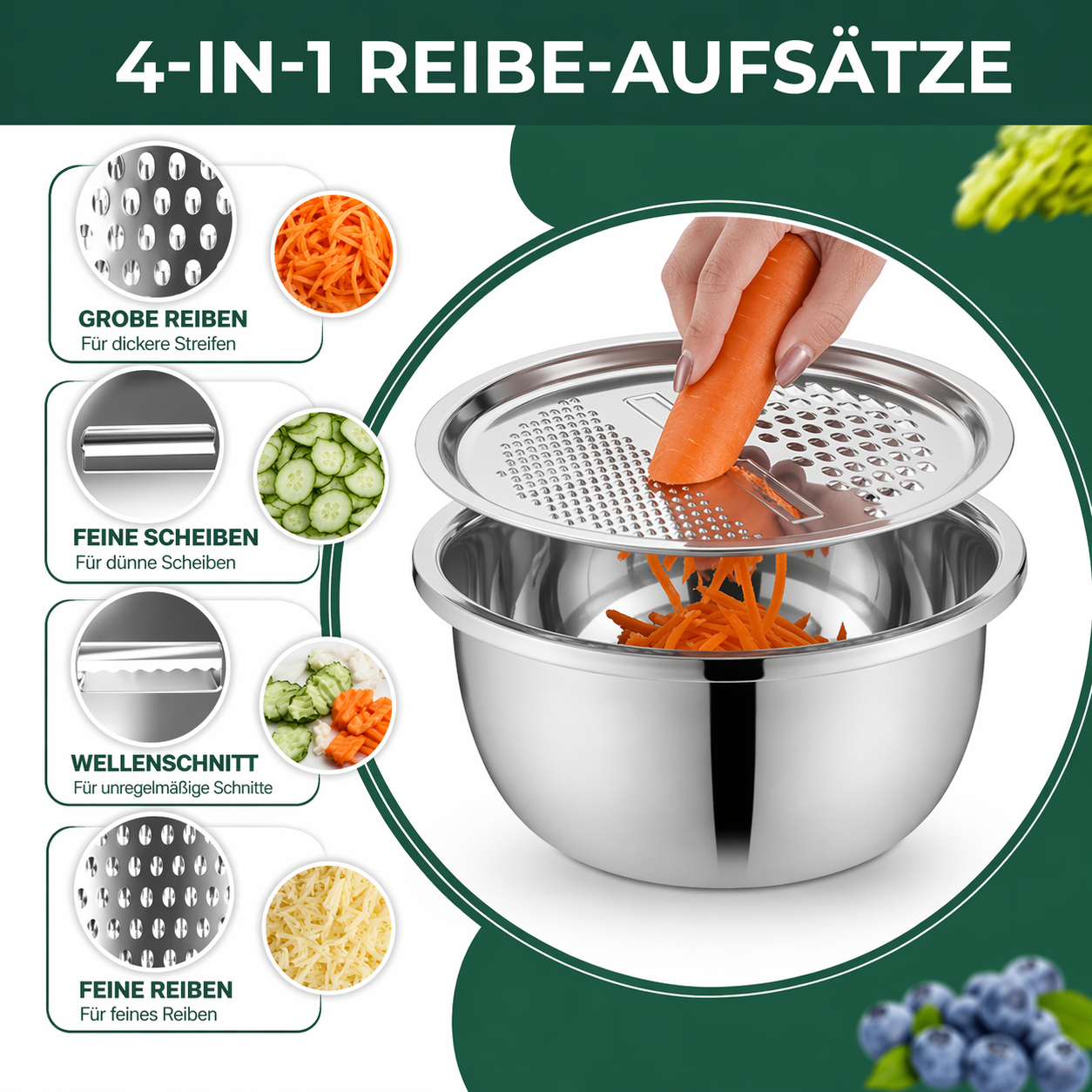 3-in-1 Rührschüssel-Set Edelstahl mit Reibe und Sieb | Karnz